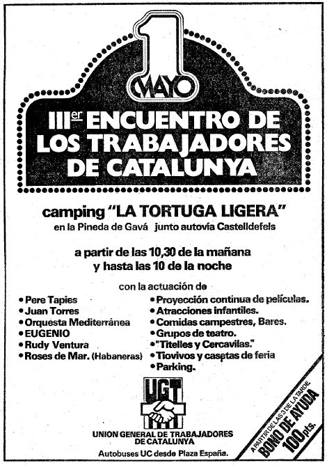 Anunci publicat al diari LA VANGUARDIA sobre la '3a Trobada dels treballadors de Catalunya' organitzada pel sindicat UGT al c�mping 'La Tortuga Ligera' de Gav� Mar (1 de Maig de 1980)